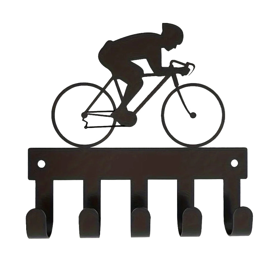 Schwarzer Metall Schlüsselhalter für die Wand – Klebender Schlüssel Organizer mit 5 Haken | Dekorativer Fahrrad & Reiter Hakenhalter