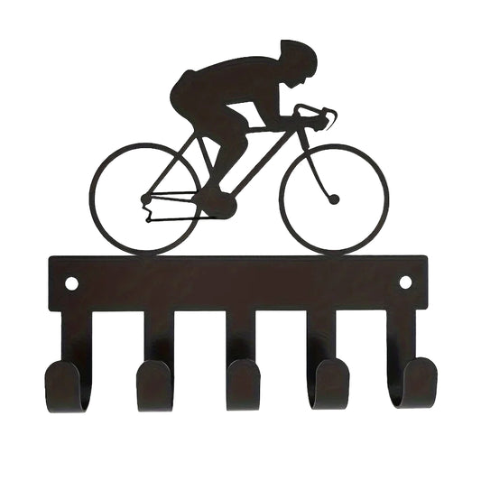 Schwarzer Metall Schlüsselhalter für die Wand – Klebender Schlüssel Organizer mit 5 Haken | Dekorativer Fahrrad & Reiter Hakenhalter