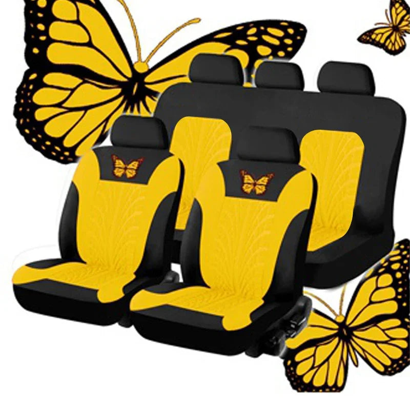 Universelles Autositzbezüge-Set – Vollständiges Set mit eleganter Schmetterlingsstickerei für Auto, SUV, Van & LKW Kaufschwan® Gelb (5 Sitze)