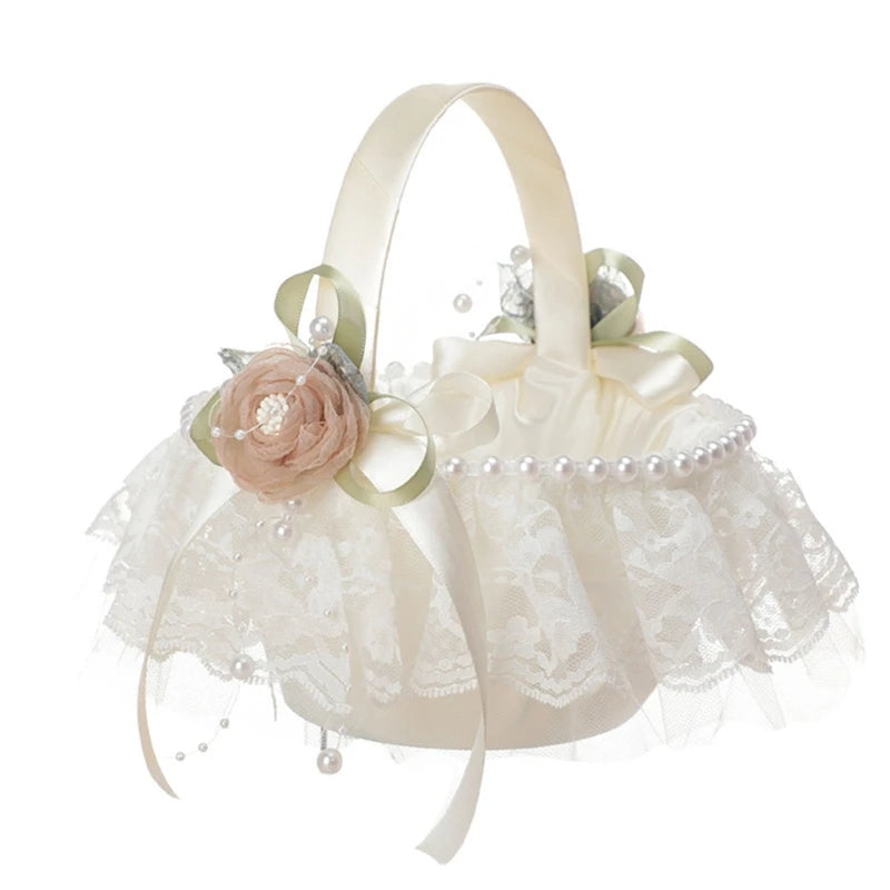 Blumenkorb für Blumenmädchen – Spitzenkorb mit Rosen für Hochzeit Kaufschwan® Cremeweiß