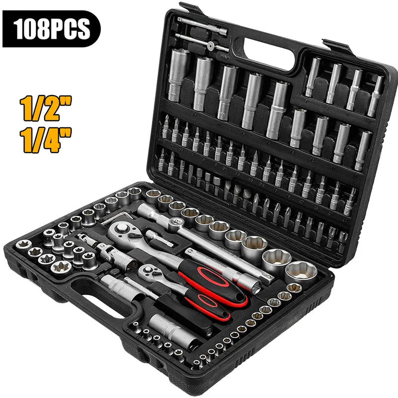 108-teiliges Steckschlüssel Set Auto Reparatur Werkzeug Ratsche & Drehmomentschlüssel Kombination Werkzeugkoffer