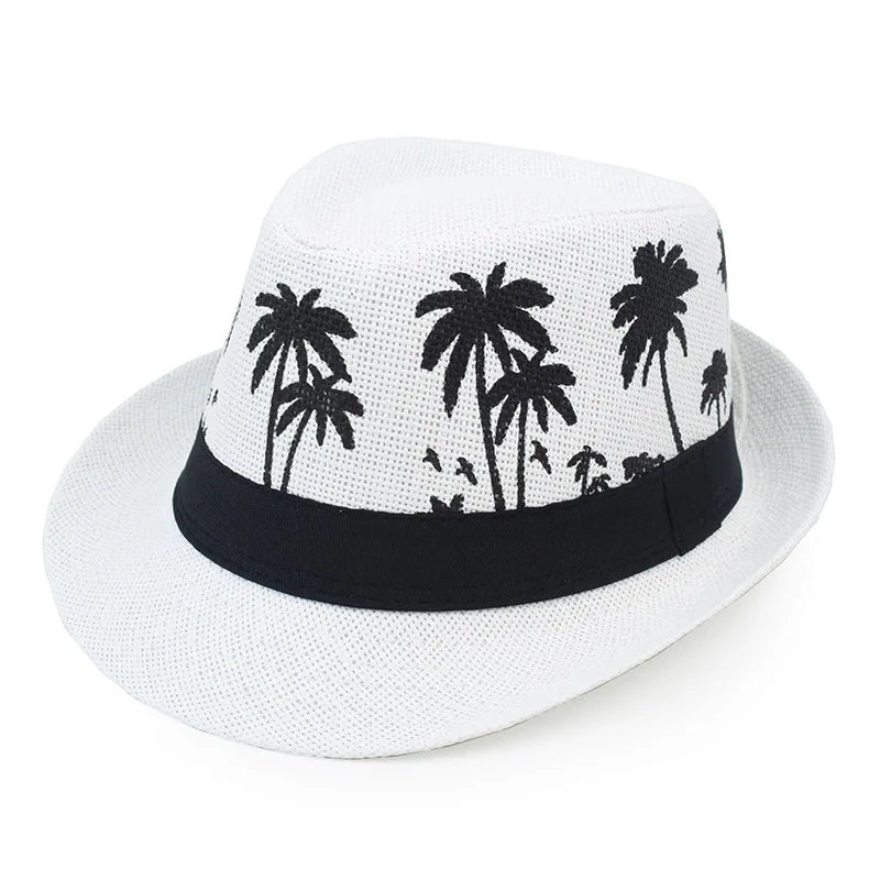 Sommer Strohhut – Herren & Damen, Kokosbaum-Muster, Outdoor Atmungsaktiv, Tropischer Jazz Fedora, Panama Hut Kaufschwan® Weiß