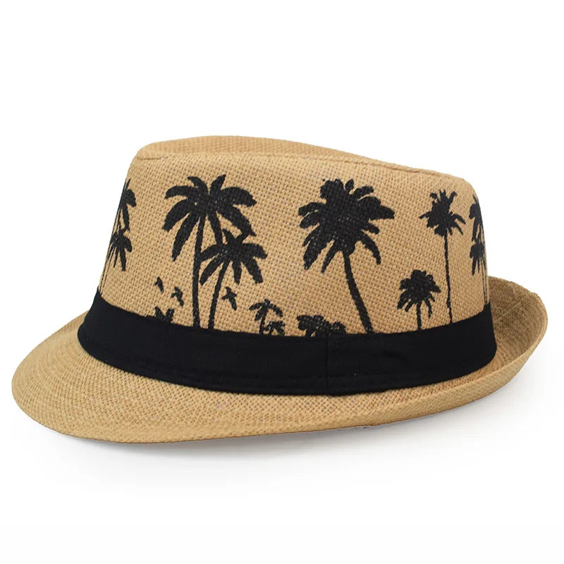 Sommer Strohhut – Herren & Damen, Kokosbaum-Muster, Outdoor Atmungsaktiv, Tropischer Jazz Fedora, Panama Hut Kaufschwan®