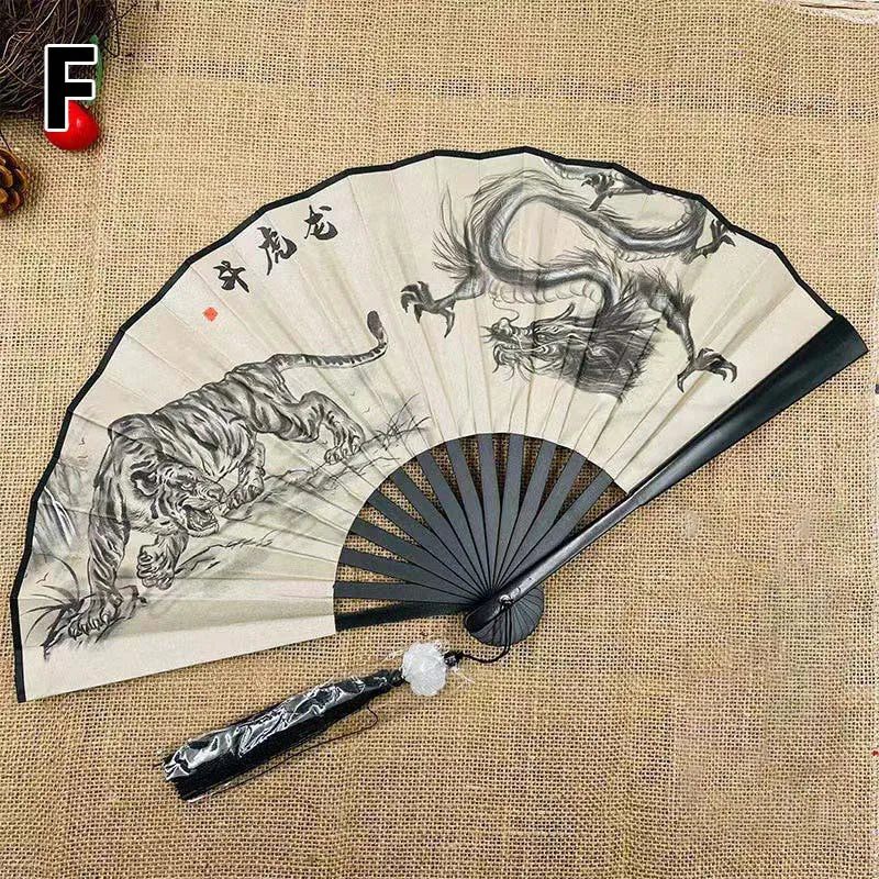Retro Drachen Faltfächer | Beidseitiger Seidenstoff Handfächer | 8-Zoll Tragbarer Chinesischer Hanfu Fächer für Damen & Herren