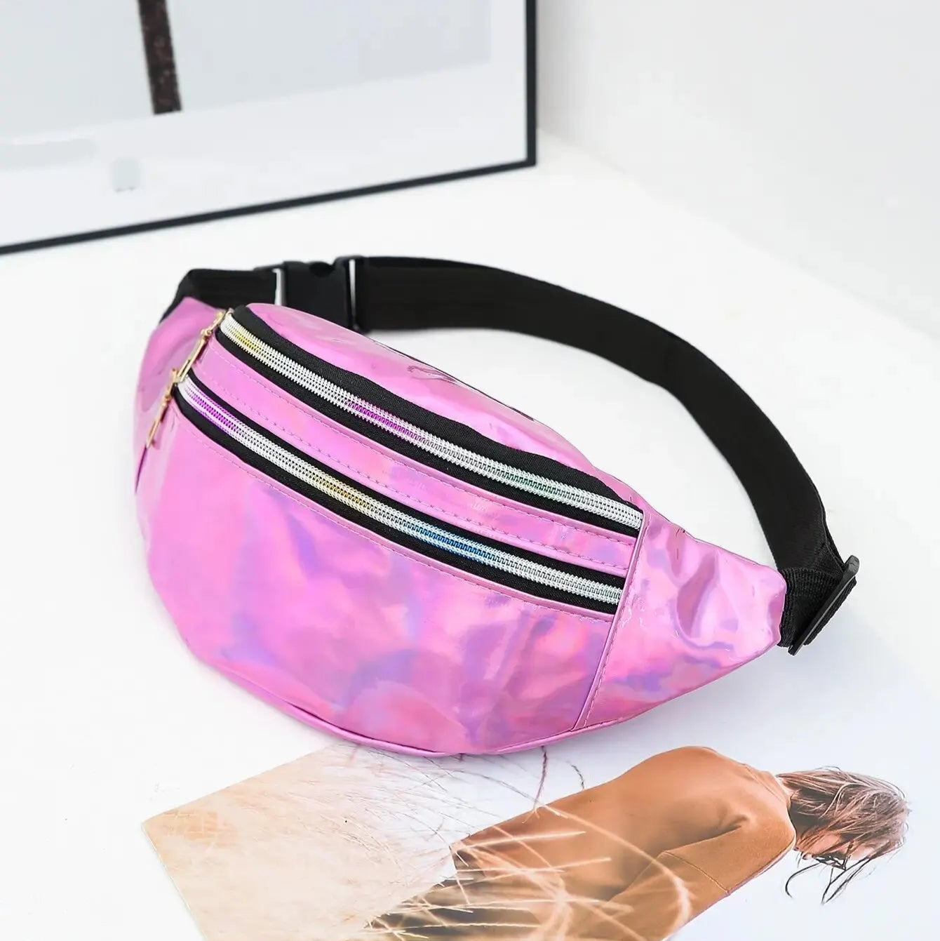 Holografische Glitzer Gürteltasche – Laser Fanny Pack | Designer Hüfttasche für Damen & Mädchen, Party, Reisen & Crossbody Kaufschwan® Rosa