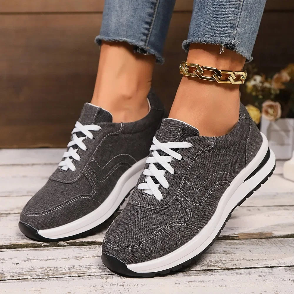 Blaue Denim Damen Plateau-Sneaker – Modische Schnürschuhe mit Dicker Sohle | Bequeme Freizeit-Sneaker in Übergrößen bis 43 Kaufschwan®