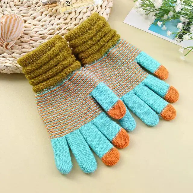 Damen Kaschmir Optik Strickhandschuhe – Warme Winterhandschuhe mit Touchscreen | Verdickte Vollfinger Handschuhe für Herbst & Winter Kaufschwan® Blau-Gelb Einheitsgröße