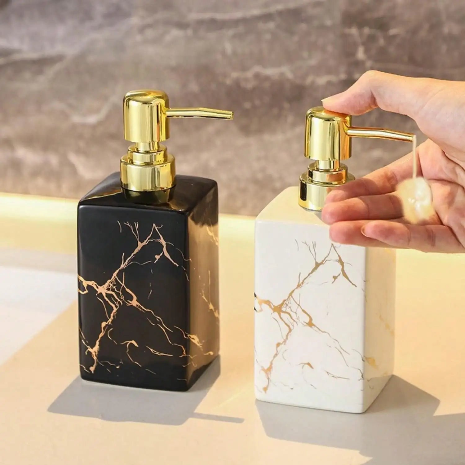 350ml Keramik Seifenspender mit Marmorstruktur – Nachfüllbare Druckpumpe für Bad, Zuhause & Hotels Kaufschwan®