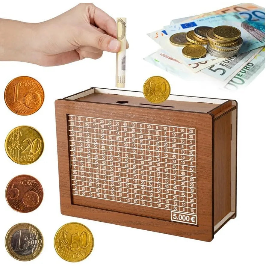 Holz Euro Sparbox – Wiederverwendbare Spardose mit Sparziel Anzeige Kaufschwan®