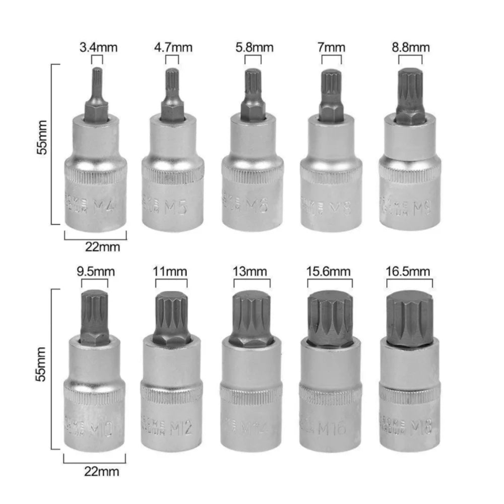 10-teiliges 1/2" Antrieb Multi-Zahn Steckschlüssel Set M4-M18 Innensechskant Ratschen Kit