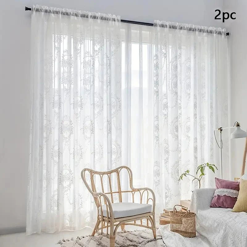 Floraler Bestickter Transparenter Vorhang mit Stangentasche für Wohnzimmer Schlafzimmer Balkon 2 Stück/Set Kaufschwan® Weiß 140X114Cm