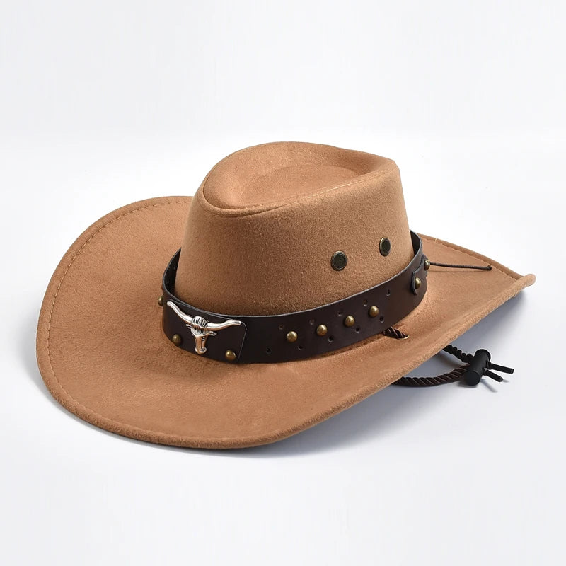 Künstlicher Wildleder Western Cowboy Hut – Vintage Großkrempe Gentleman & Cowgirl Jazz Hut, Feiertage, Party & Cosplay Kaufschwan® Khaki 56-58cm