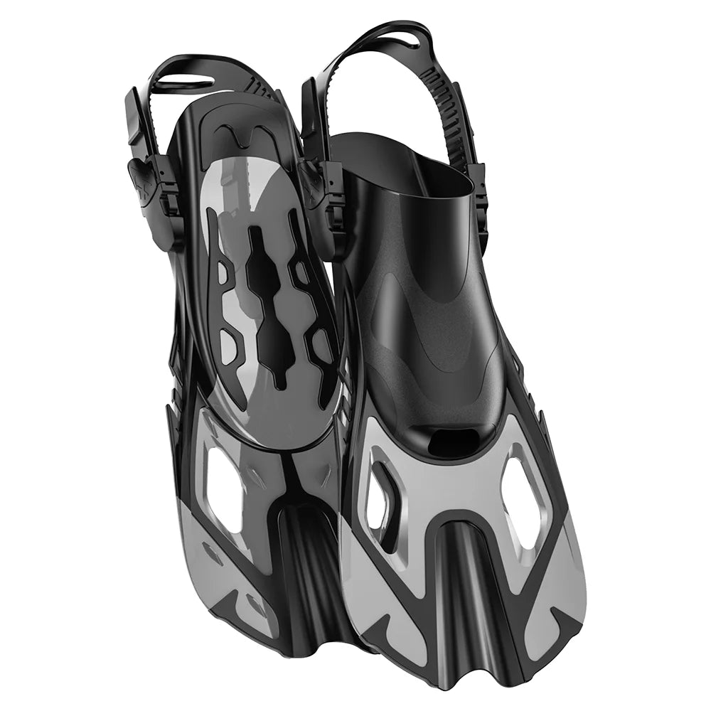 Schnorchelflossen | Verstellbare Schnallen | Kurze Silikon Schwimmflossen | Offene Ferse Tauchschuhe für Anfänger Kaufschwan® Grau L/XL
