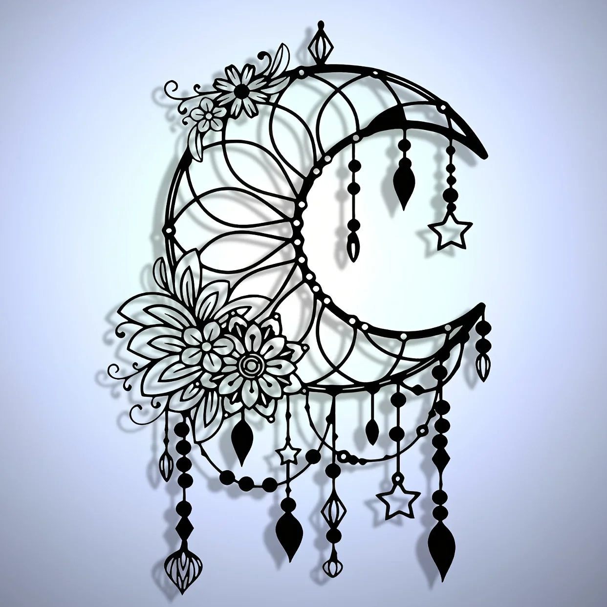 Elegantes Gothisches Mond & Blumen Metall Wandbild – Modernes Hängedekor