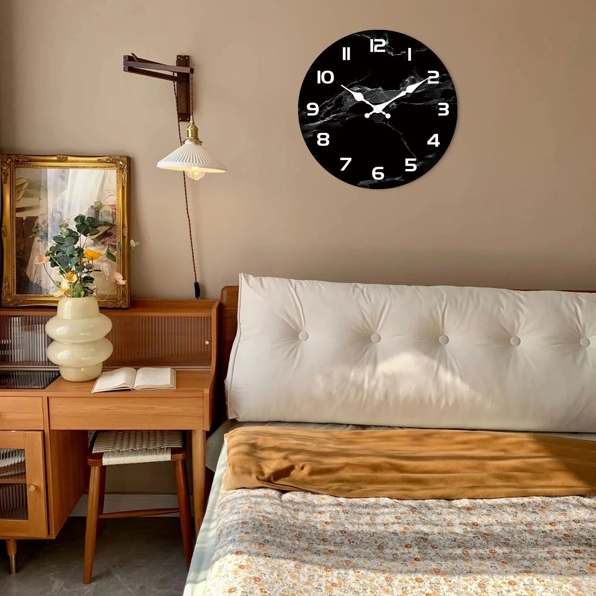Schwarze Marmor Holz Wanduhr – Leise Moderne Deko Uhr Kaufschwan®
