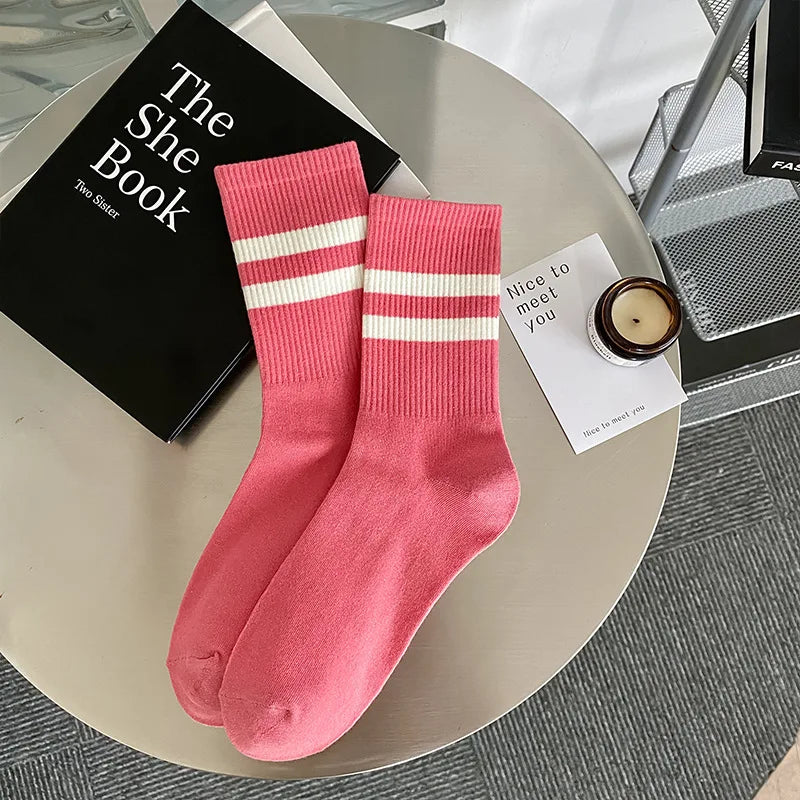 Damen Socken Mode Herbst Neue Bonbonfarbene Baumwoll Sportsocken | Preppy Stil Gestreift Freizeit Kaufschwan® Dunkelgrau