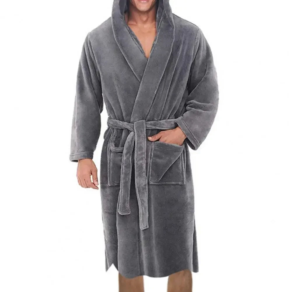 Herren Bademantel mit Kapuze aus Flanell – Warmer Morgenmantel mit Gürtel & Taschen, Weicher Schlafanzug für Zuhause Kaufschwan® Grau XL