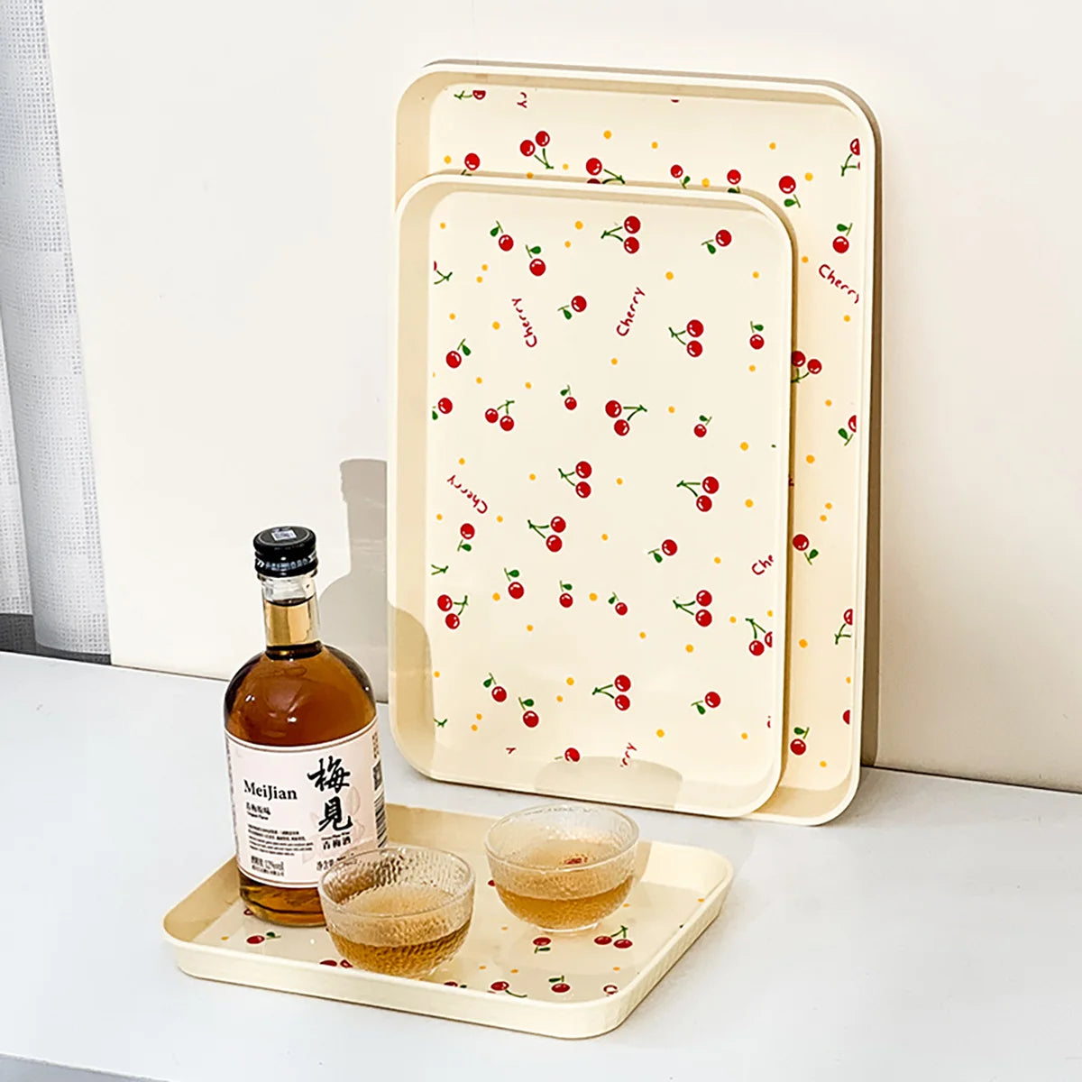 Multifunktionales Kunststoff-Serviertablett mit Kirschmuster – Obst- & Dessertteller, Küchen-Organizer, Parfum- & Schmuckablage