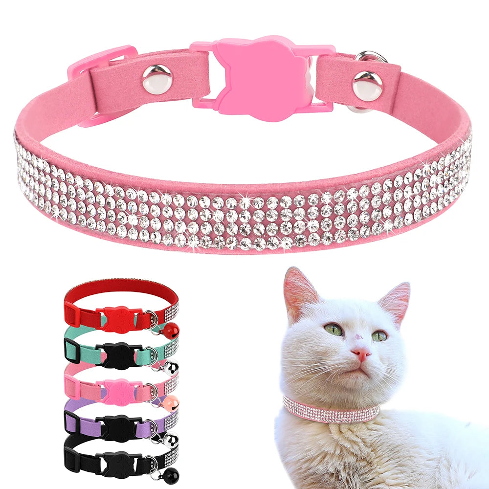 Weiches Rosa Wildleder-Katzenhalsband für Katze – Strasssteine, Glöckchen, Sicherheitsverschluss & Verstellbare Passform Kaufschwan®