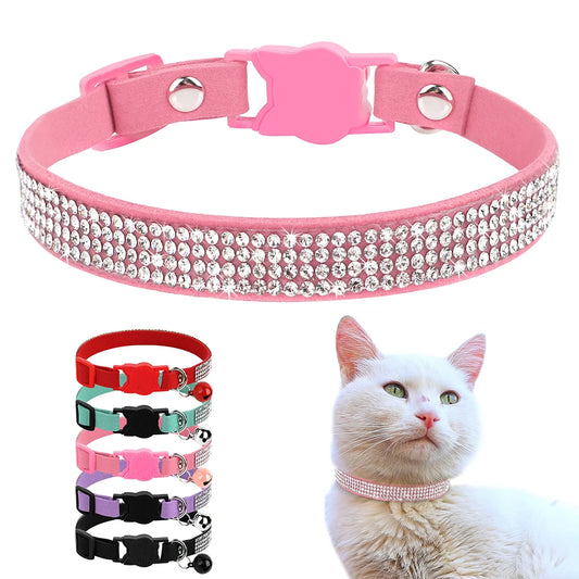 Weiches Rosa Wildleder-Katzenhalsband für Katze – Strasssteine, Glöckchen, Sicherheitsverschluss & Verstellbare Passform Kaufschwan®