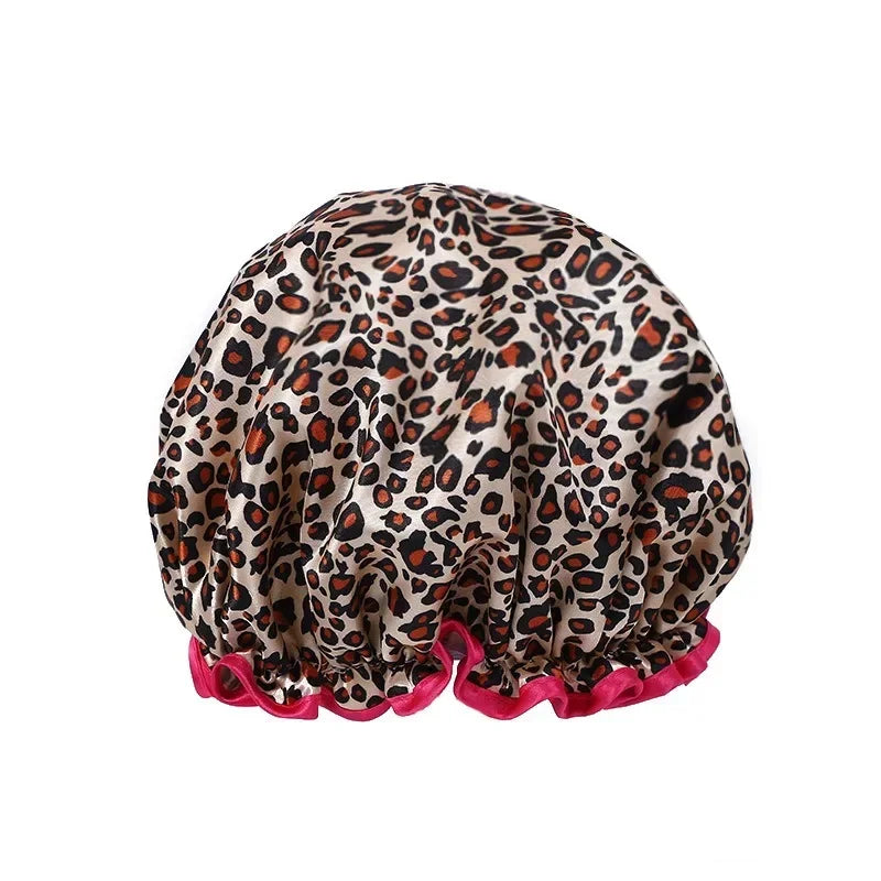 Wasserdichte Duschhaube mit Leopardenmuster – Wiederverwendbare Doppellagige Haarhaube mit Elastischem Rand
