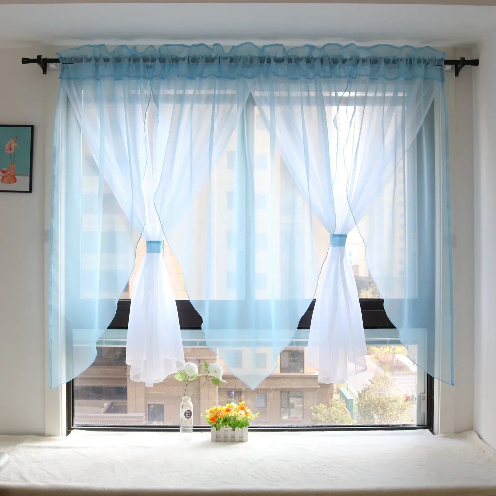 Einfarbiger Voile Transparenter Vorhang für Wohnzimmer Schlafzimmer Küche Balkon Fenster 2 Stück/Set Kaufschwan® Himmelblau W300cm x H140cm