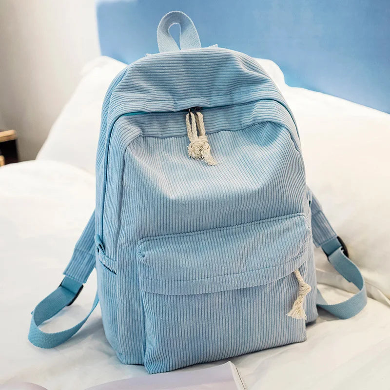 Gestreifter Cord Rucksack für Damen | Minimalistischer Großraum-Tagesrucksack | Herbst & Winter Freizeit- und Reisetasche Kaufschwan® Hellblau