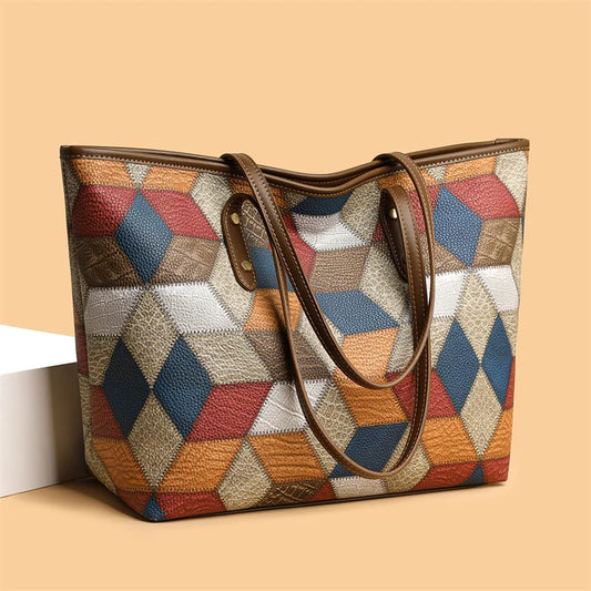 Damenhandtasche mit Großem Fassungsvermögen – Lässige PU Leder Patchwork Tote | Modische Unterarm & Schultertasche Kaufschwan®
