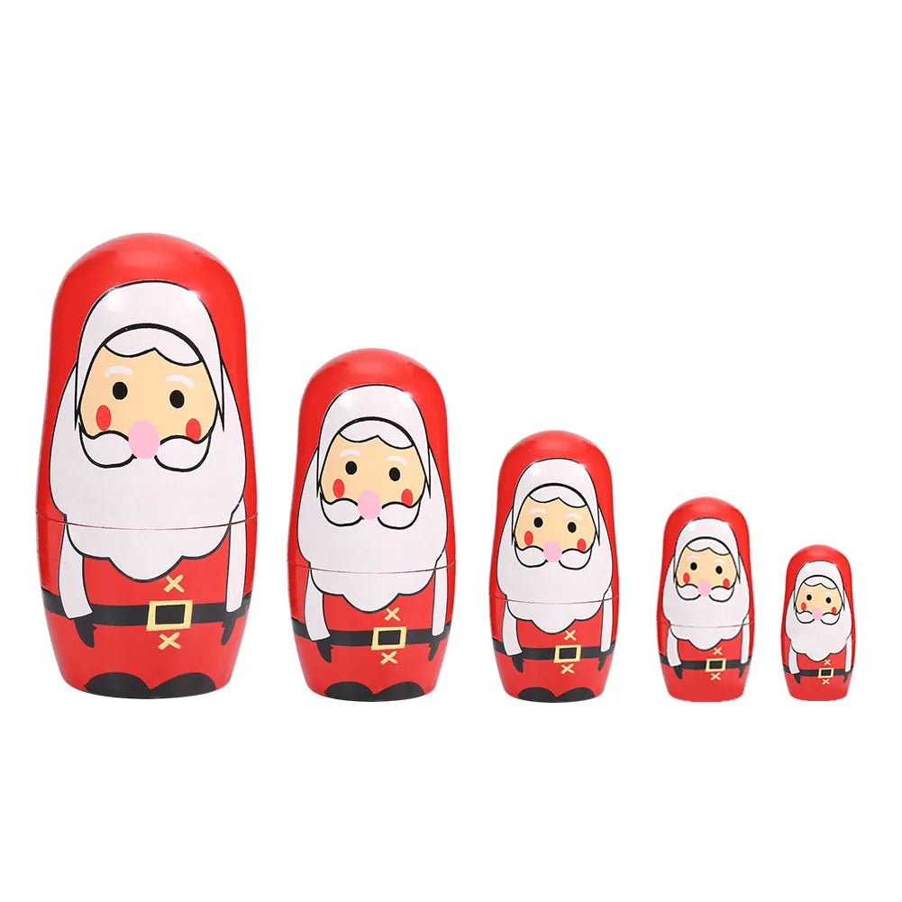 5 Stück Handbemalte Weihnachts-Matrjoschka – Holz-Nestpuppen Set | Niedliche Dekoration & Geschenk für Kinder