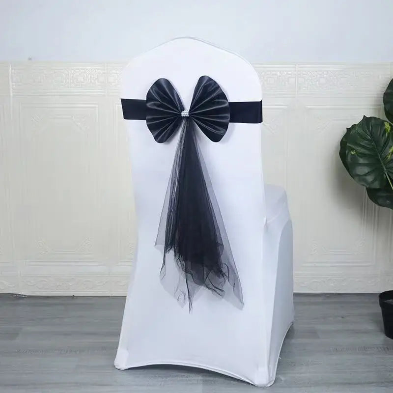 Stuhlschleife aus Stretch-Spandex mit Organza Schmetterlingsband – Elegante Stuhldekoration Kaufschwan® Schwarz