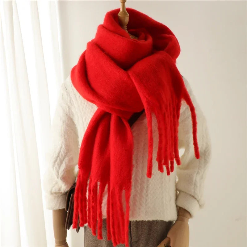 Winter Schal für Damen | Kaschmir-Optik Pashmina Tuch | Weiches Warmes XXL Umschlagtuch mit Fransen & Poncho-Stil Kaufschwan® Rot