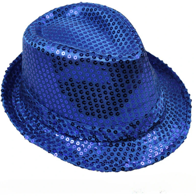 Britischer Top Jazz Hut – Herren & Damen Bühnenhut mit Pailletten, Glänzende Weihnachtsfedora, Party, Eltern-Kind, Halloween Kaufschwan® Erwachsene blau