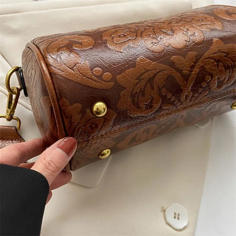 Retro Bestickte Blumen Leder Schultertasche – Klassische Zylinder Crossbody Handtasche für Damen | Alltag, Arbeit & Party Kaufschwan®