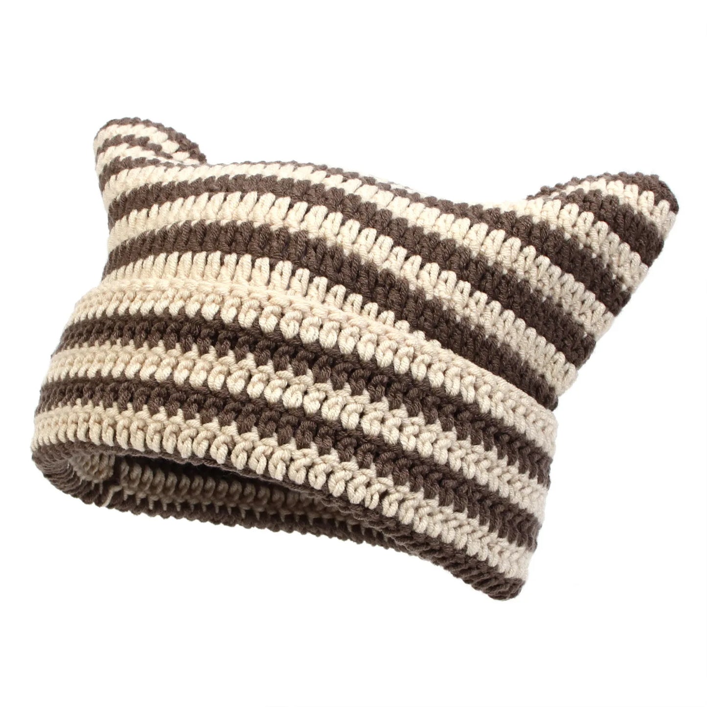 Häkelmütze mit Katzenohren – Weiche Acryl Wintermütze für Damen | Gestreifte Warme Beanie Mütze Geschenk Kaufschwan® Beige - Braun
