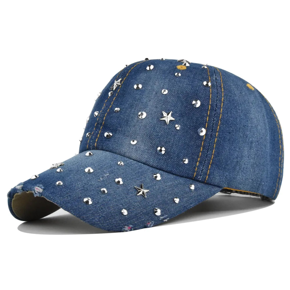 Denim Baseballkappe Damen | Gewaschener Vintage-Hut mit Rivet Star | Snapback Sonnenhut für Damen & Herren | Sommer Outdoor Freizeit Kaufschwan® dunkelblau