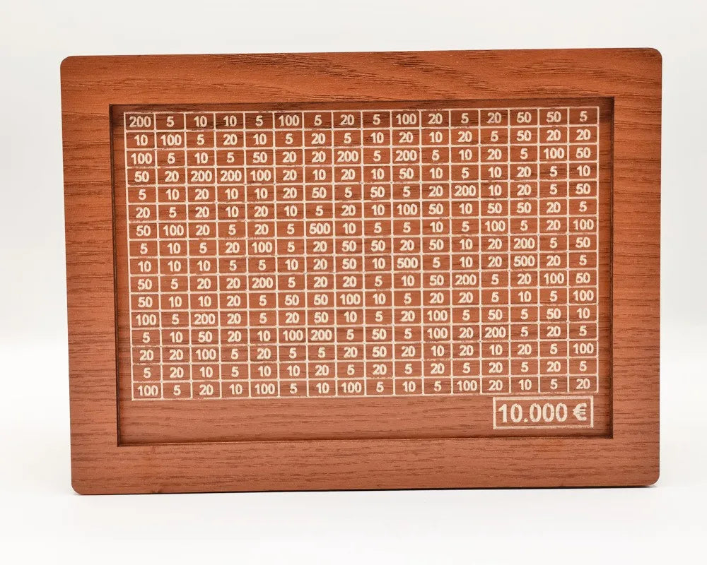 Holz Euro Sparbox – Wiederverwendbare Spardose mit Sparziel Anzeige Kaufschwan® Hellbraun 10000€