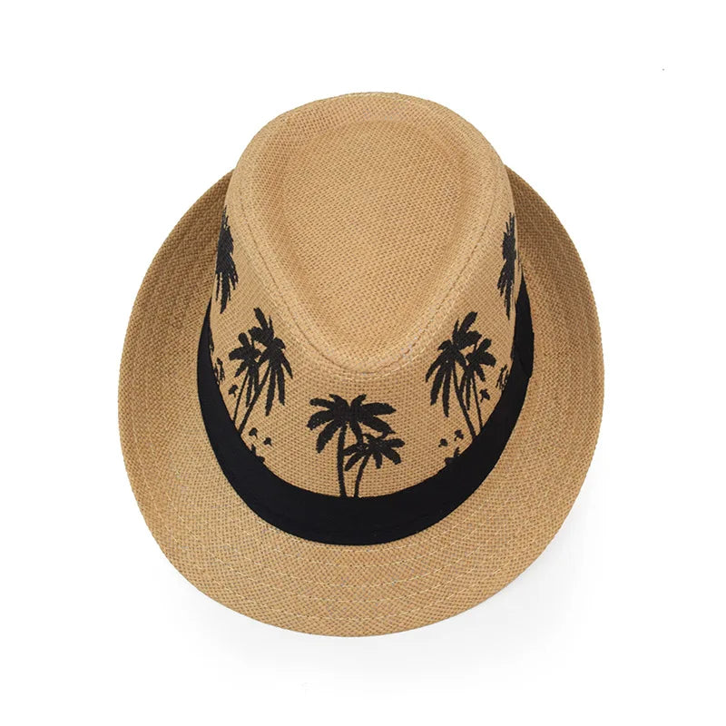 Sommer Strohhut – Herren & Damen, Kokosbaum-Muster, Outdoor Atmungsaktiv, Tropischer Jazz Fedora, Panama Hut Kaufschwan®