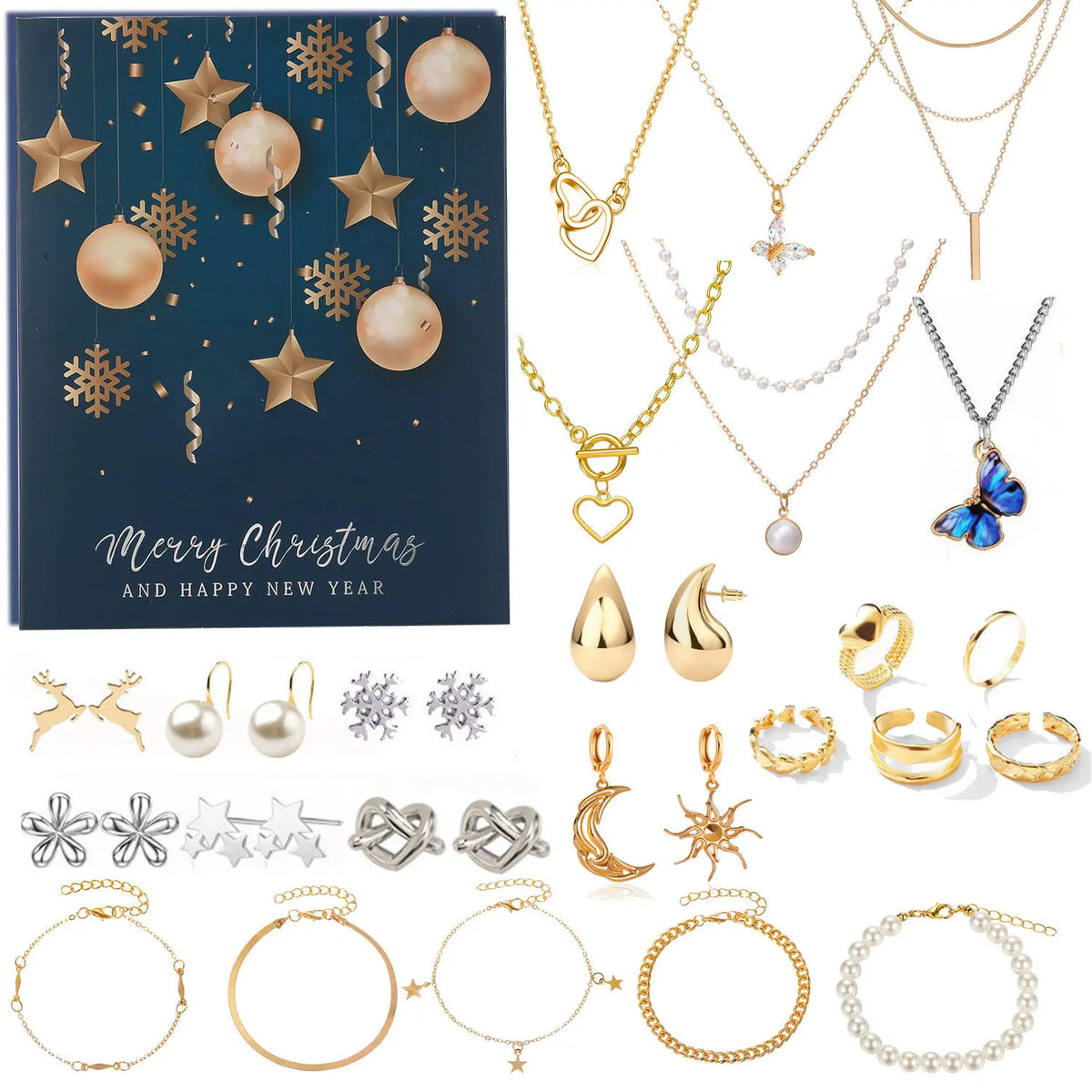 Goldfarbener Schmuck-Adventskalender – 24-Tage-Weihnachtskalender mit Halsketten, Armbändern & Ohrringen