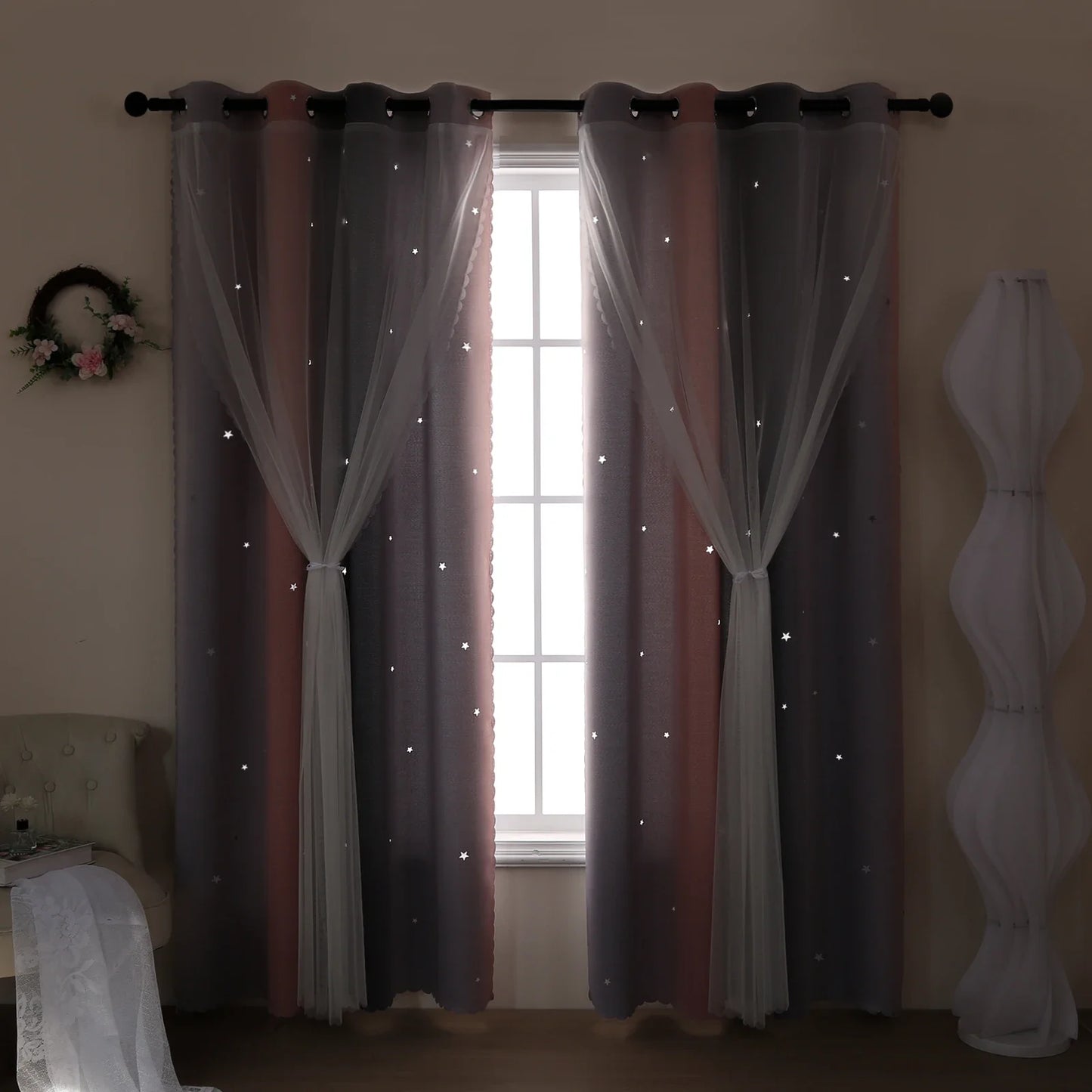 Grau Rosa Farbverlauf Stern Ausschnitt Halb Verdunkelungsvorhang für Mädchen Schlafzimmer Wohnzimmer 2 Stück/Set Kaufschwan®