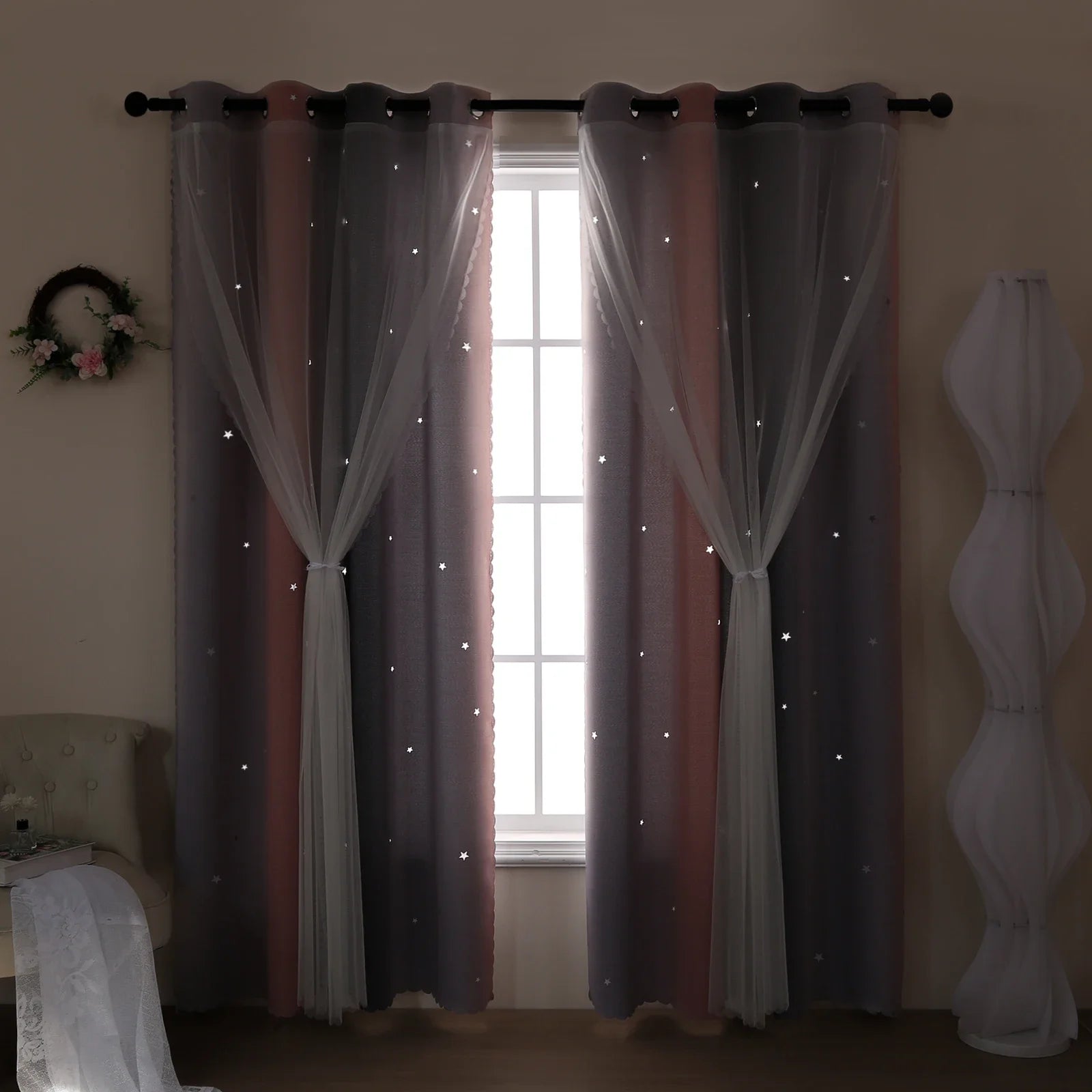 Grau Rosa Farbverlauf Stern Ausschnitt Halb Verdunkelungsvorhang für Mädchen Schlafzimmer Wohnzimmer 2 Stück/Set Kaufschwan®