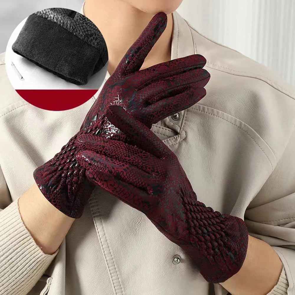 Schlangenleder-Muster Winterhandschuhe – Unisex Touchscreen Handschuhe | Warme Modische Handschuhe für Autofahren & Outdoor Kaufschwan® Weinrot