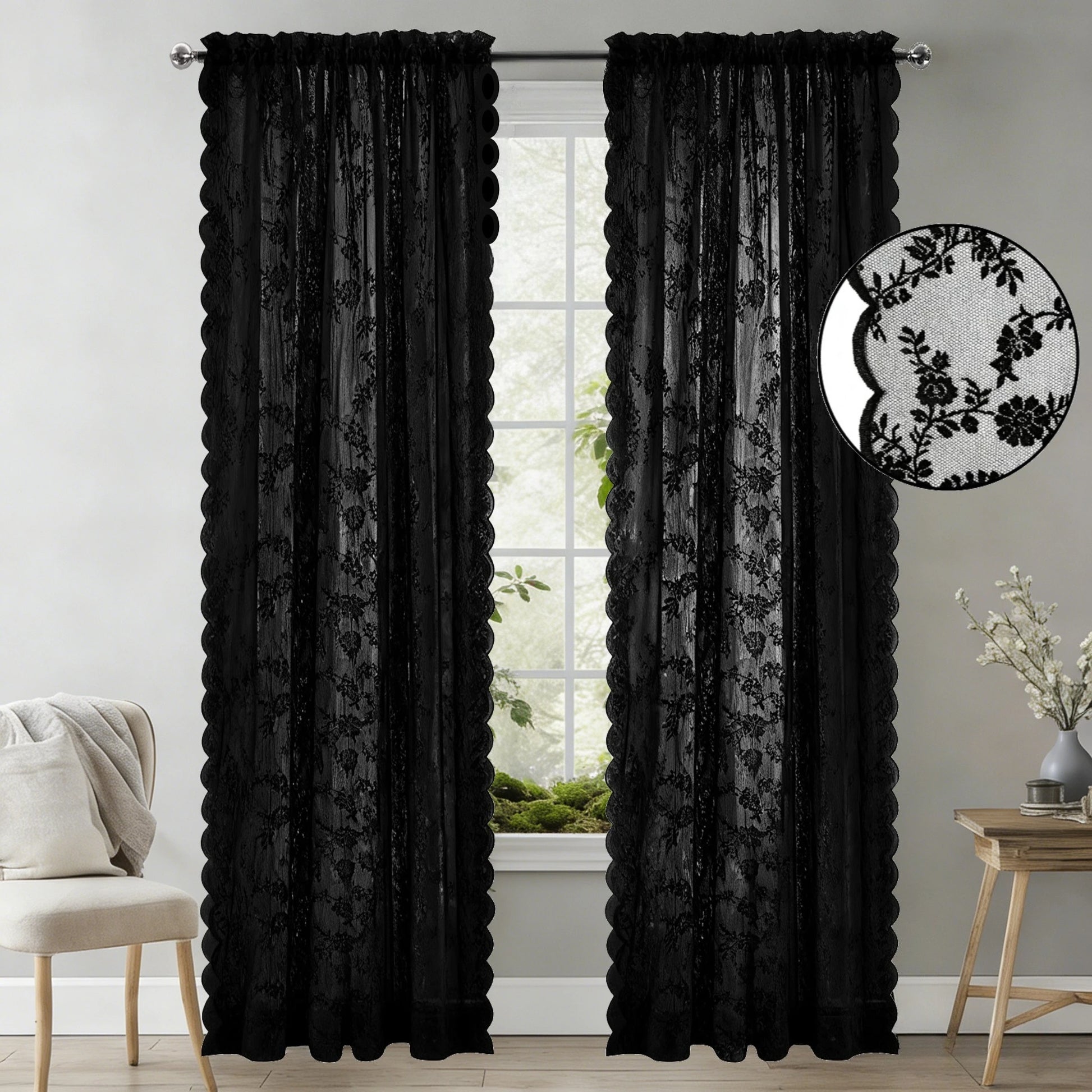 Vintage Spitze Floral Transparenter Vorhang mit Stangentasche Romantische Fenster Gardinen für Wohnzimmer 2 Stück/Set Kaufschwan®
