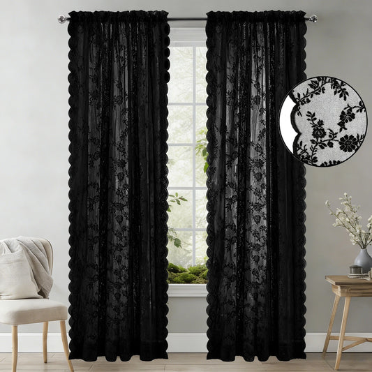 Vintage Spitze Floral Transparenter Vorhang mit Stangentasche Romantische Fenster Gardinen für Wohnzimmer 2 Stück/Set Kaufschwan®