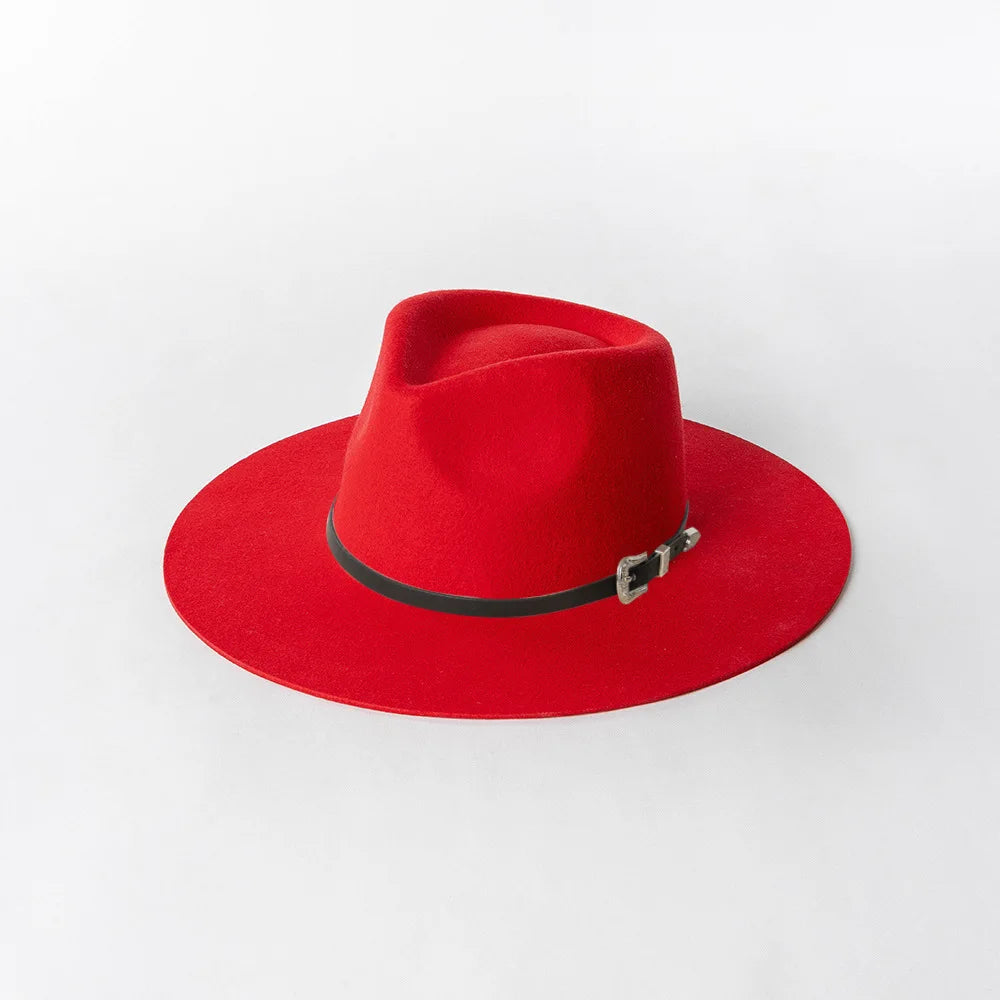 Herbst & Winter Unisex Woll-Fedora Hut – Vintage Jazzhut mit Krone & Schwarzem Lederband, Stylischer Hut mit Breiter Krempe Kaufschwan® Rot M 57cm