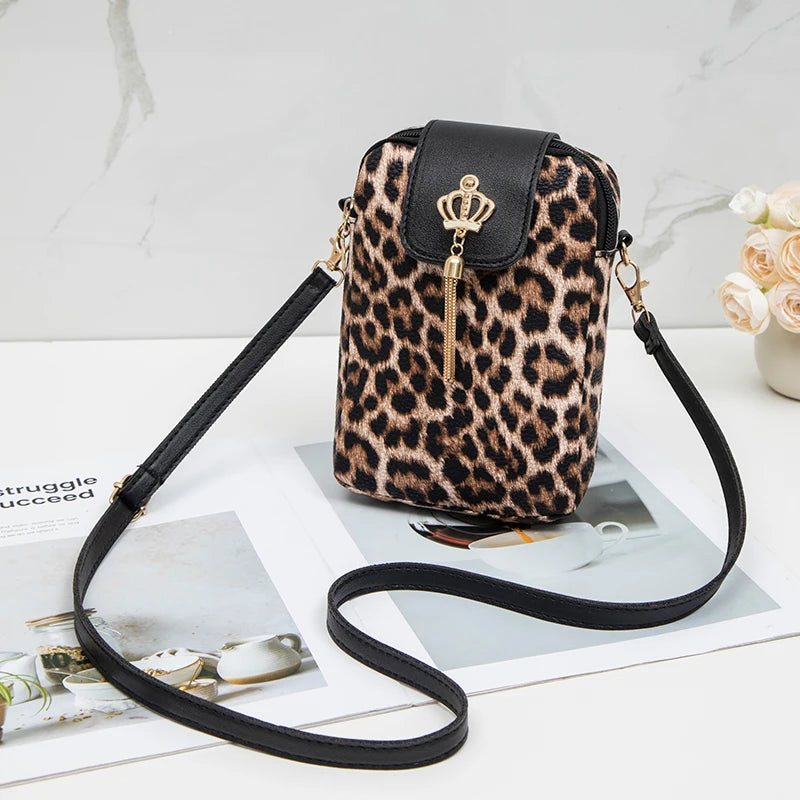Leopardenmuster Schulter Messenger Bag – Trendige Nischen-Mode Handytasche zum Umhängen für Damen Kaufschwan® Schwarz