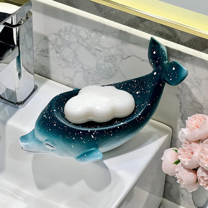 Delfin Ablaufsystem Keramik Seifenschale – Nicht perforierter Seifenhalter mit Ablaufsystem für Toilette & Waschbecken, Badezimmerzubehör Kaufschwan®