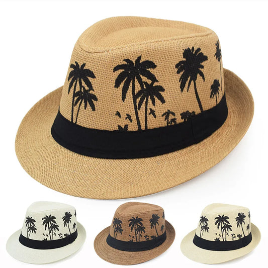 Sommer Strohhut – Herren & Damen, Kokosbaum-Muster, Outdoor Atmungsaktiv, Tropischer Jazz Fedora, Panama Hut Kaufschwan®