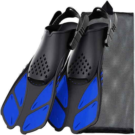 Schnorchelflossen mit verstellbaren Schnallen | Kurze Silikon Schwimmflossen | Offene Ferse Tauchschuhe für Erwachsene Herren & Damen Kaufschwan® Blau S/M