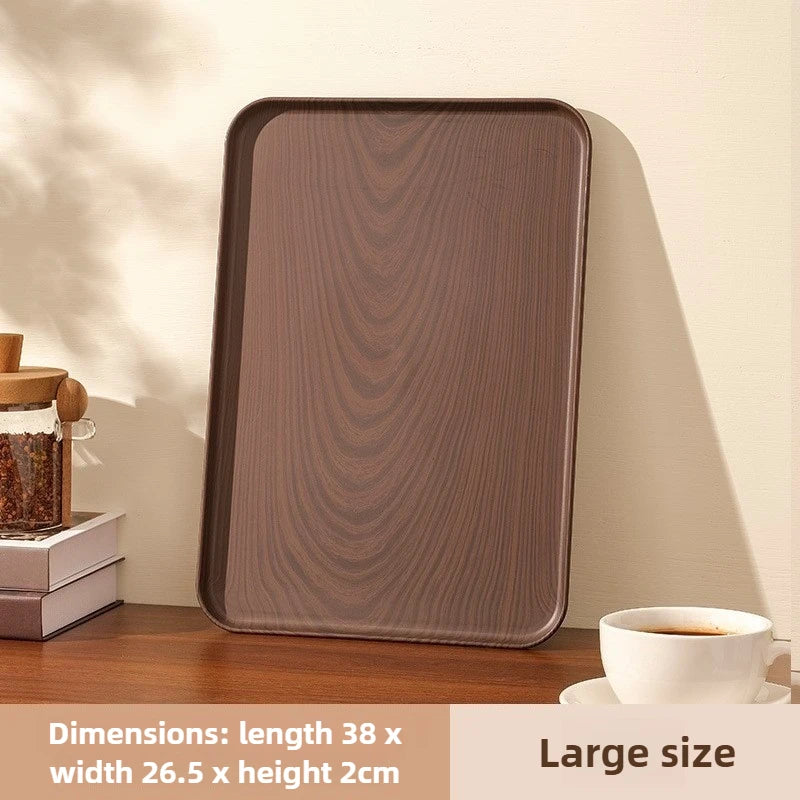Rechteckiges Kunststoff-Serviertablett in Holzoptik – Multifunktionales Tablett für Haushalt & Gewerbe, Wasserbecher, Kuchen & Desserts