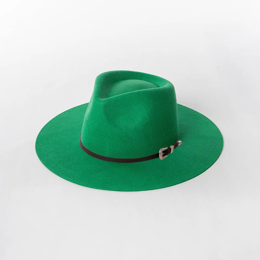 Herbst & Winter Unisex Woll-Fedora Hut – Vintage Jazzhut mit Krone & Schwarzem Lederband, Stylischer Hut mit Breiter Krempe Kaufschwan® Grün L 59cm